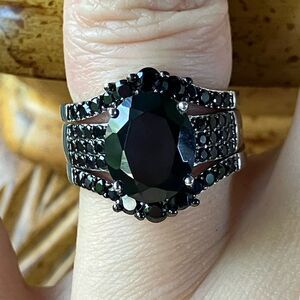 Natural Black Spinel Sterling Silver Ring Set Size 6